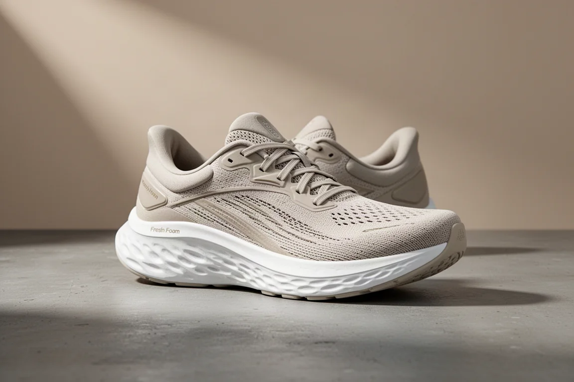 New Balance Elipse running shoe in grey and white on a concrete surface