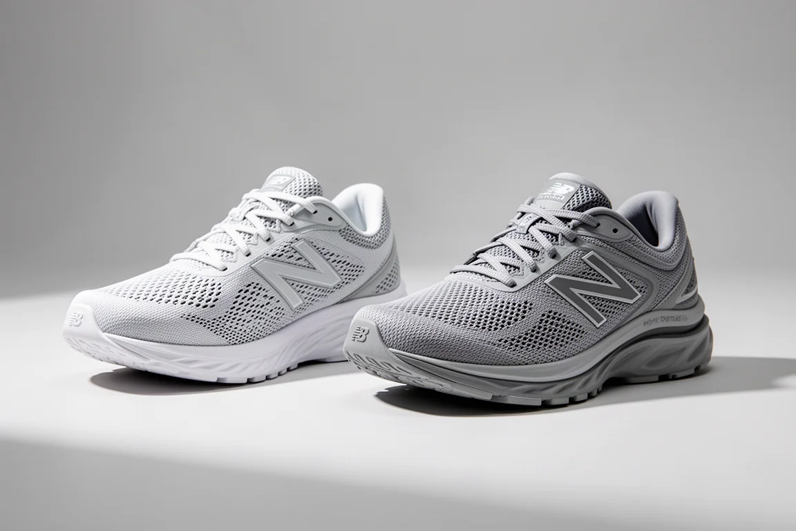 兩雙 New Balance 日常訓練跑鞋並排放在灰色攝影棚背景上