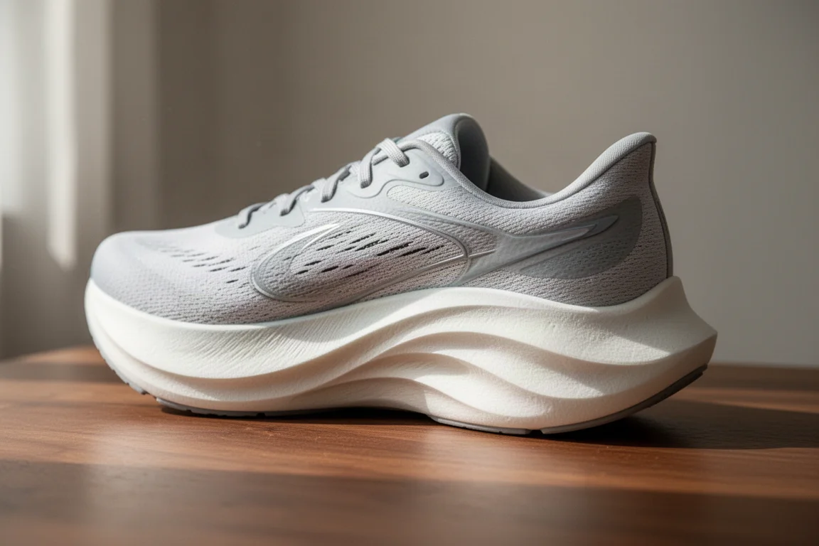 Primo piano di una intersuola ammortizzata a forma rocker di una scarpa da running