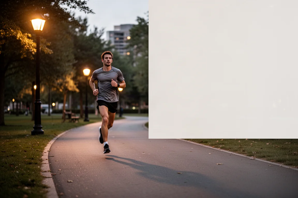 Runner che accumula chilometri facili su un percorso urbano al tramonto