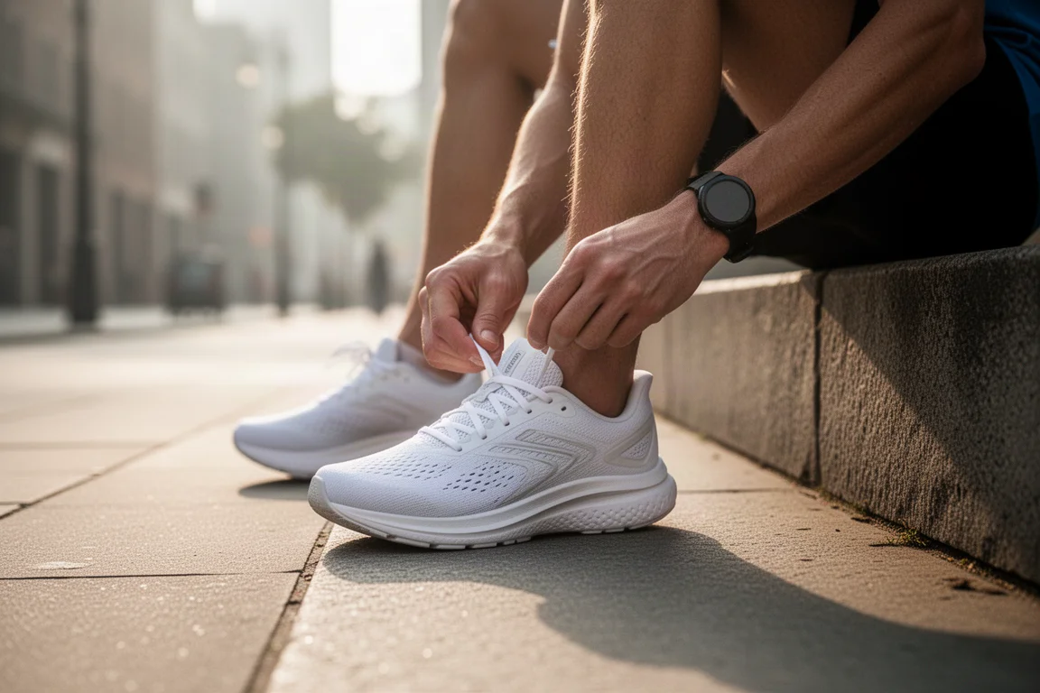Runner che allaccia una scarpa da allenamento ammortizzata su un marciapiede cittadino nella luce del mattino presto