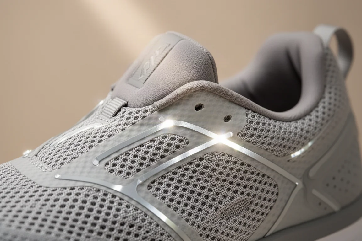 Primo piano di dettagli riflettenti sul tomaia di una scarpa da running che catturano la luce