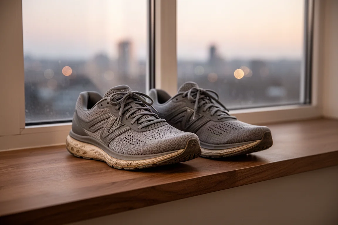 Coppia di scarpe da running appoggiate su un davanzale dopo una corsa con la morbida luce serale