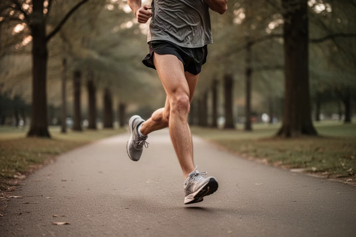 Hardloper die rustige kilometers jogt over een pad in het park in de schemering
