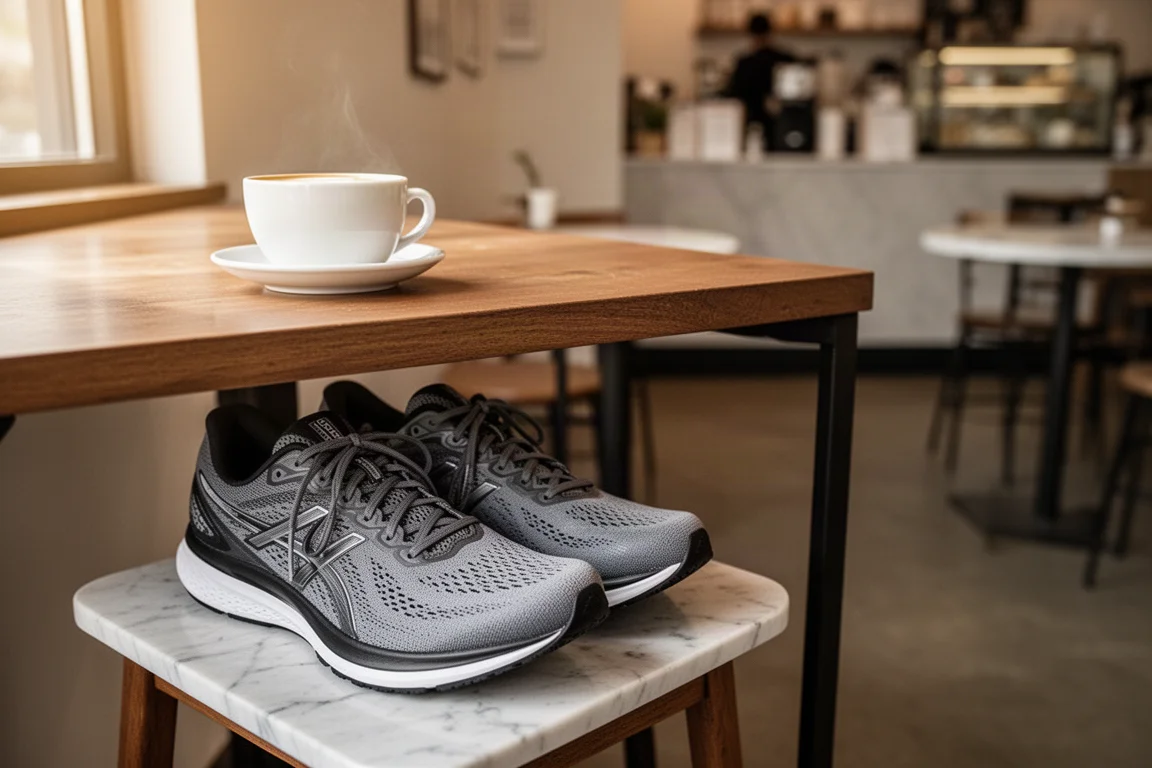 Hardloopschoenen naast een kop koffie op een tafeltje in een café
