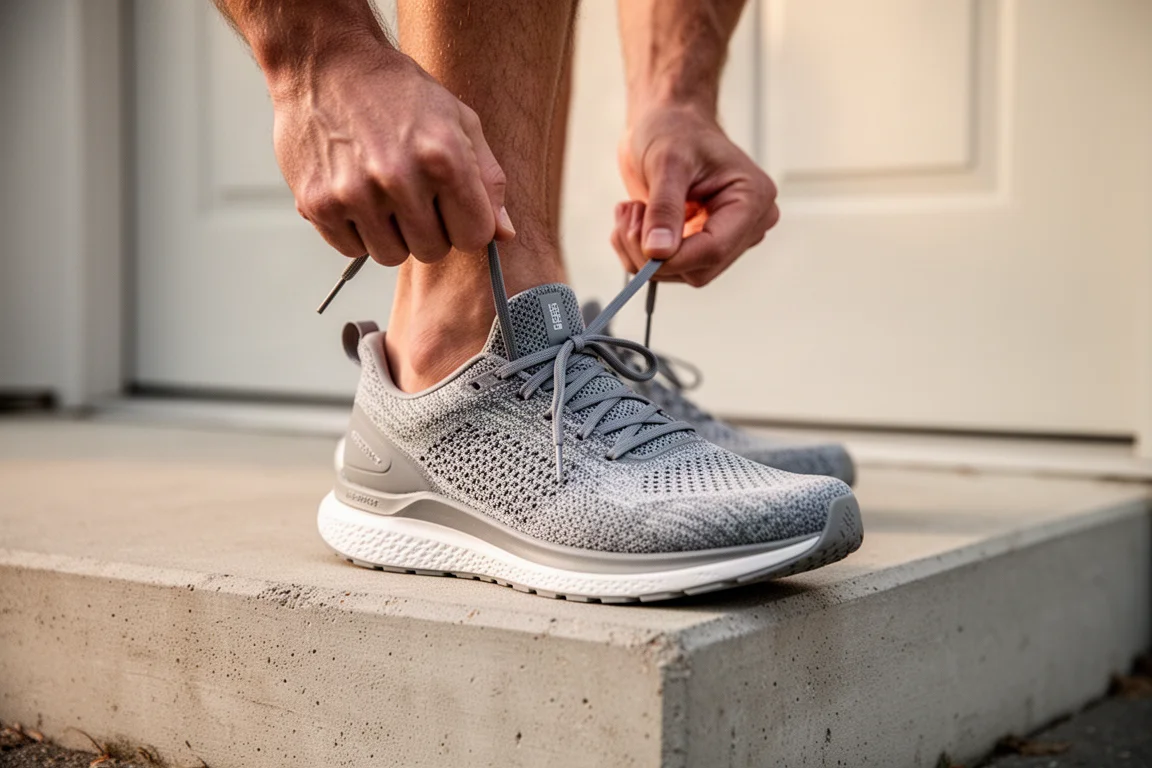 Corredor atándose los cordones de una zapatilla de running neutra antes de un rodaje suave matutino