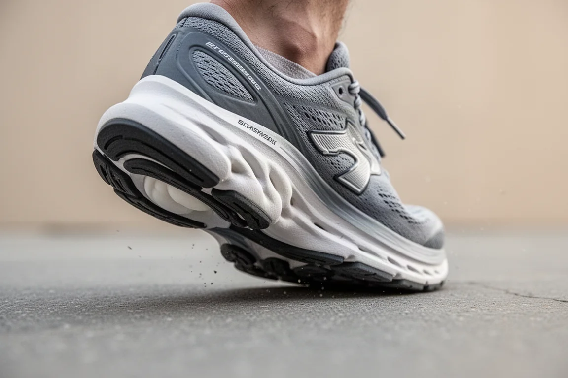 Primer plano de la mediasuela de una zapatilla de running comprimiéndose en el asfalto durante un contacto de talón