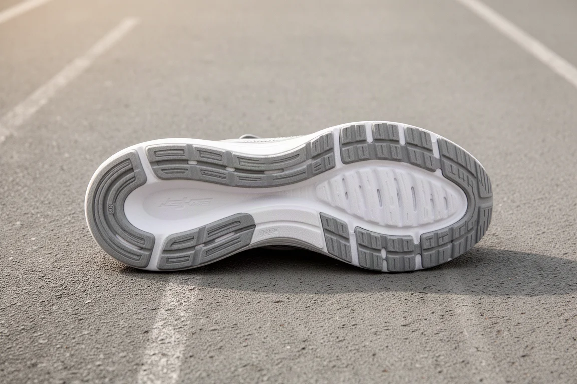 Suela ancha y estructurada de una zapatilla de running apoyada sobre una pista con textura