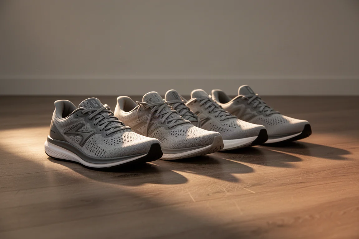 Tres pares de zapatillas de running alineados sobre un suelo de madera con luz suave de atardecer