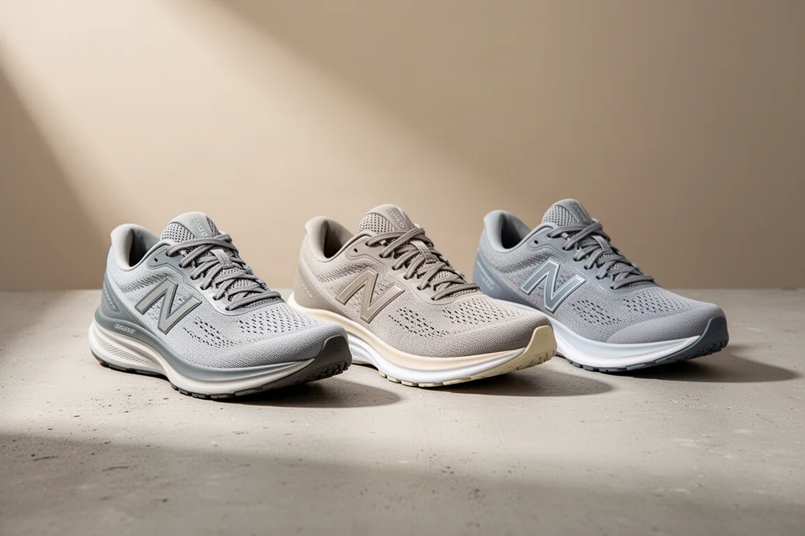 Three neutral running shoes side by side on a concrete surface