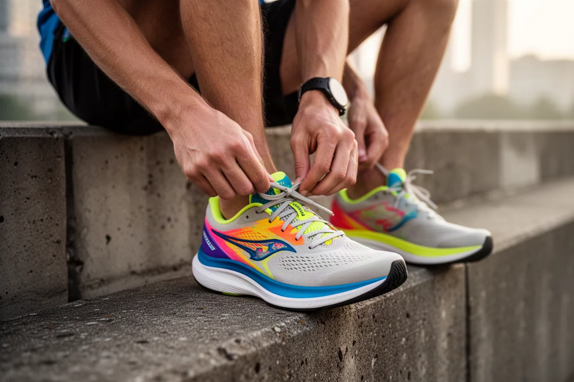 Runner lacing up a bright colored neutral road running shoe on a city sidewalk