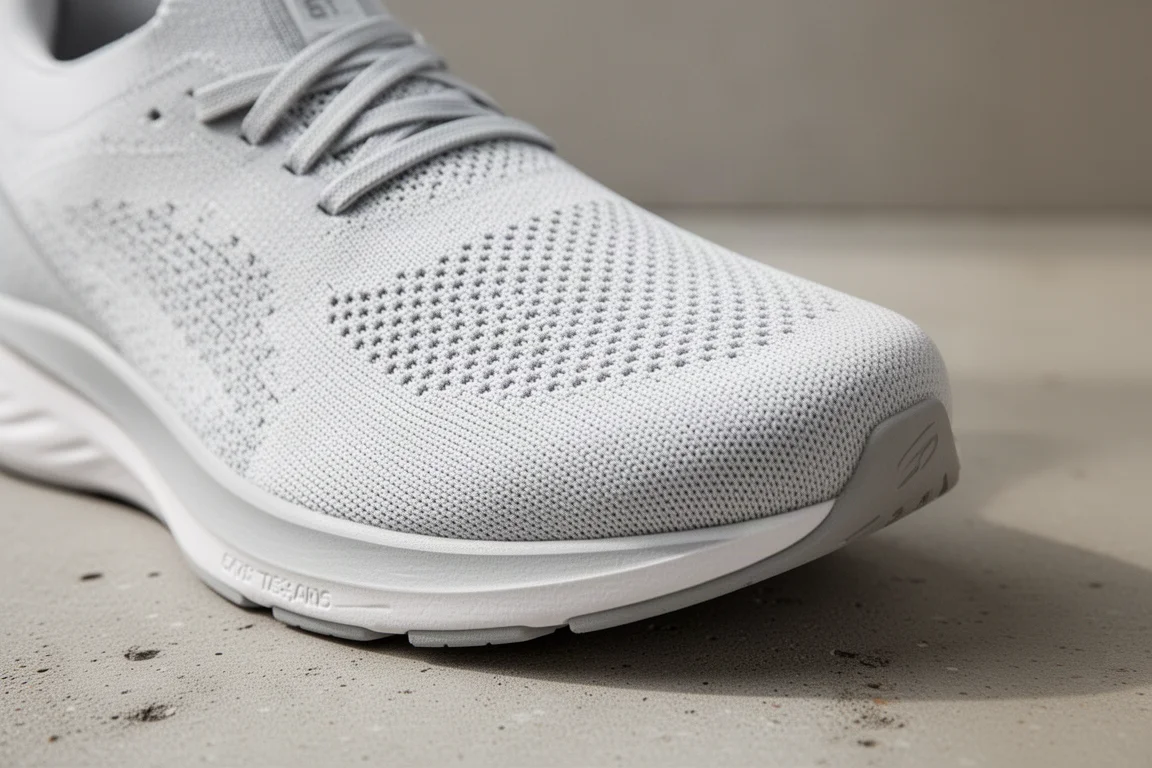 Close-up of a knit running shoe upper showing stretch and texture