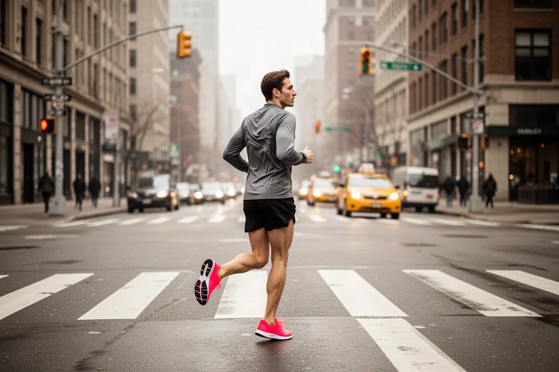 Runner on a quiet urban street glancing over shoulder before crossing