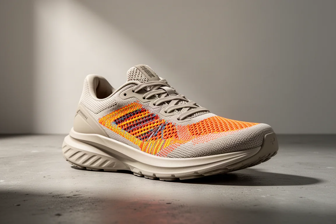 Bright colored neutral road running shoe on a concrete surface