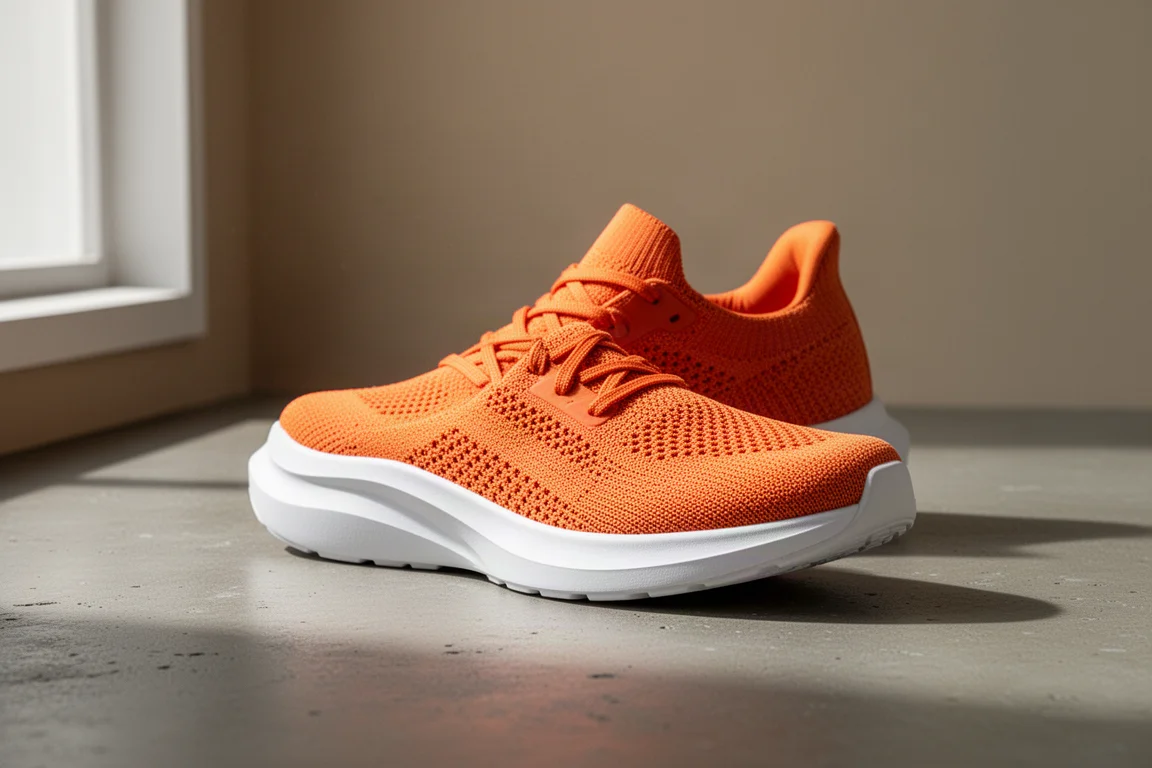 Bright orange knit running shoe with thick white midsole on concrete surface
