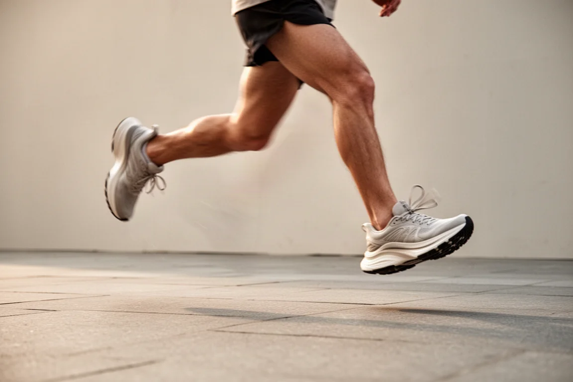 Primer plano de una gruesa y suave mediasuela de running comprimiéndose sobre asfalto liso