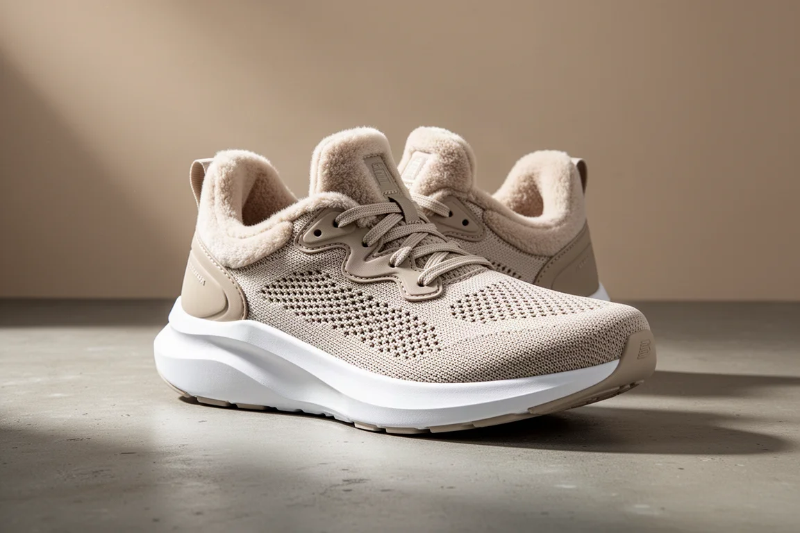 Pair of white and grey max-cushion running shoes on a concrete floor