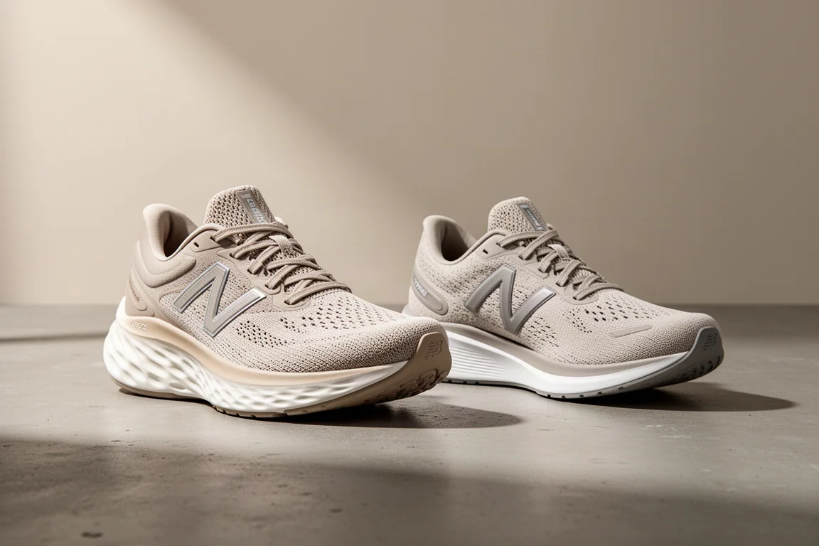 兩雙 New Balance 中性跑鞋並排放置在水泥地上
