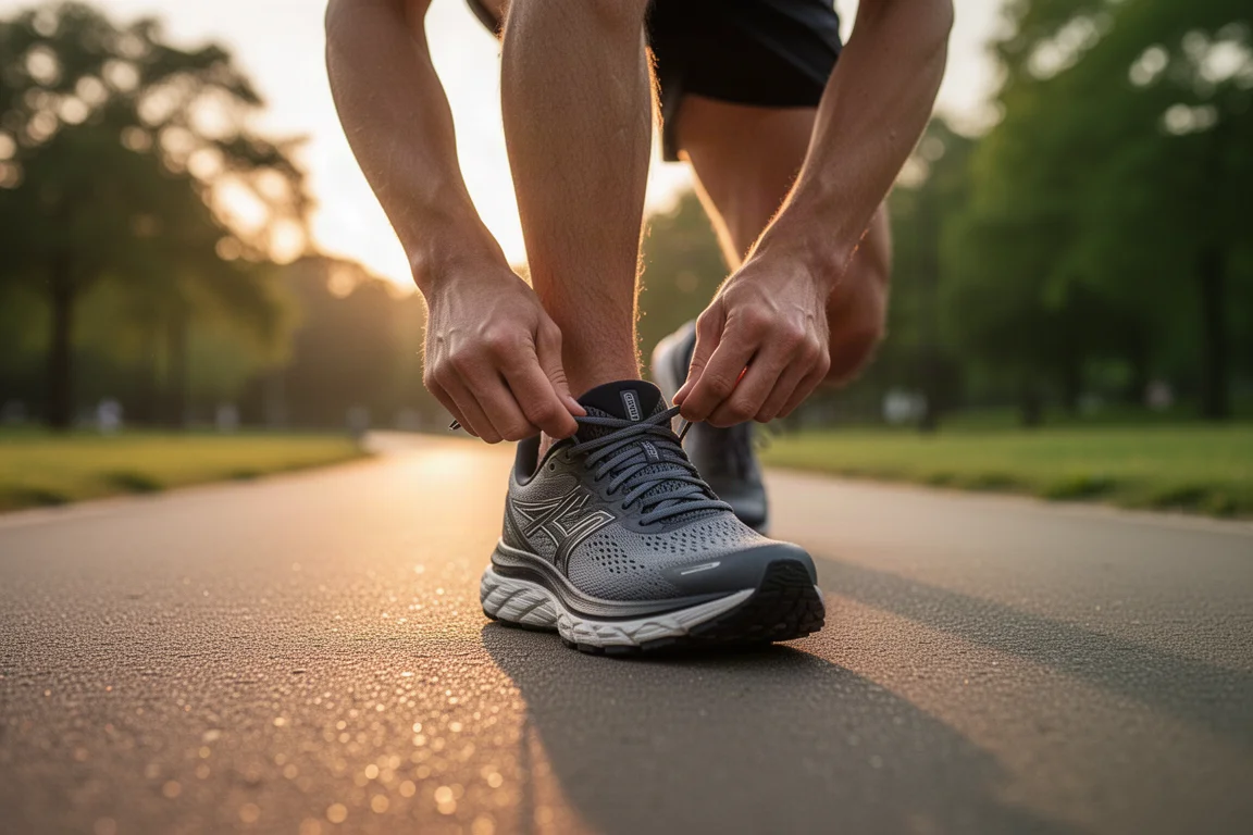 Hardloper strikt gedempte hardloopschoenen bij zonsopgang voor een rustige training