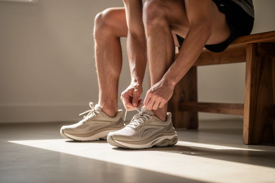 Un corridore allaccia un paio di scarpe da running ammortizzate su un pavimento in legno