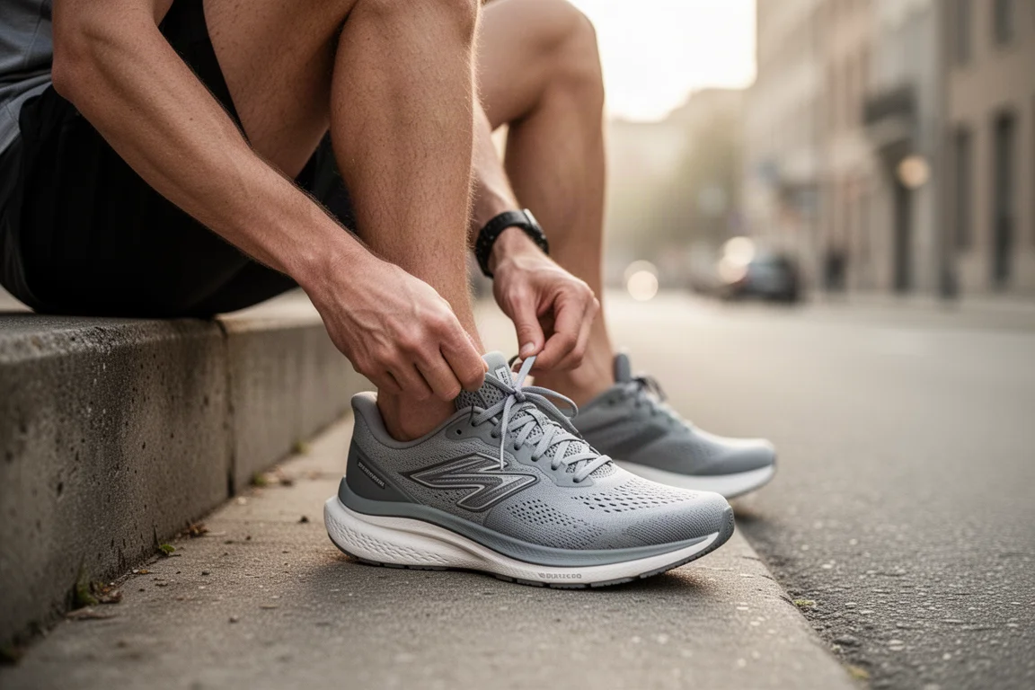 Coureur lacent une chaussure d'entraînement quotidienne moelleuse sur un trottoir urbain dans une douce lumière matinale