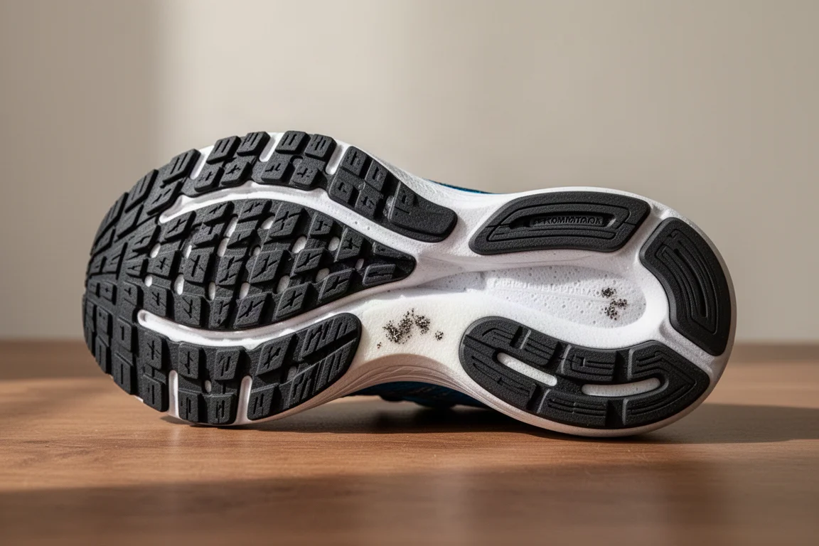 Semelle extérieure en caoutchouc d'une chaussure de running montrant la sculpture des crampons sur une surface en bois