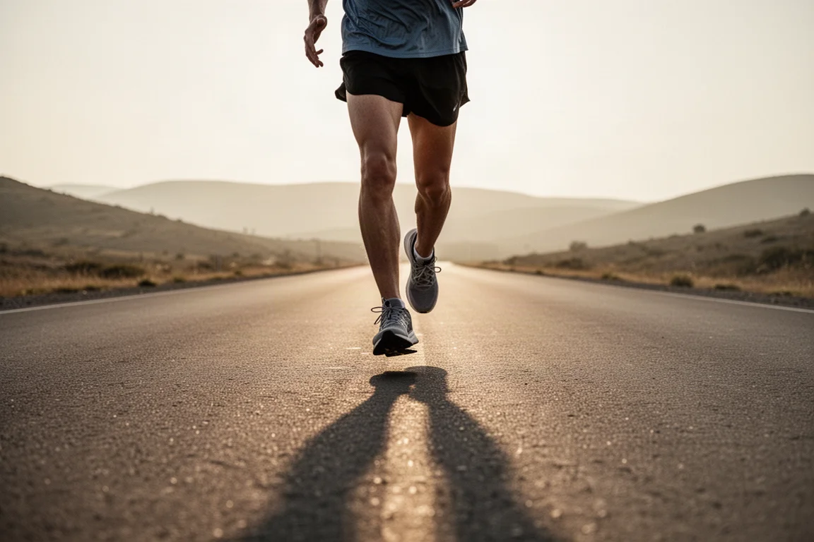 Coureur lors d'une longue sortie sur route ouverte dans une douce lumière du soir, portant des chaussures d'entraînement quotidiennes