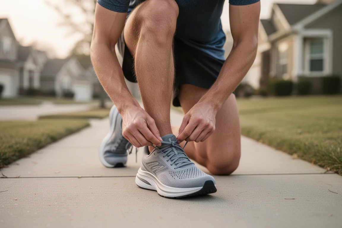 Runner tying the laces of a cushioned running shoe before an easy run