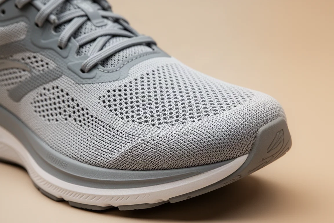 Close-up of a thin breathable mesh running shoe upper
