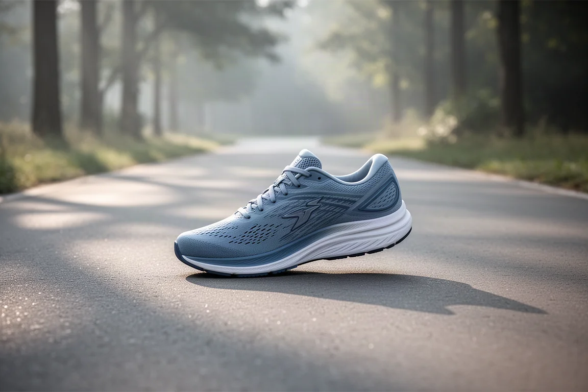Stability running shoe resting on a paved path in soft morning light