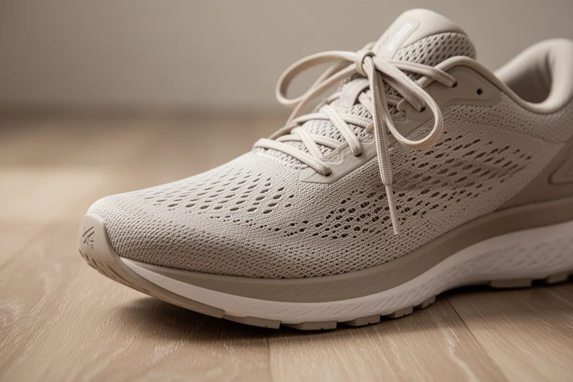 Close-up of a roomy engineered mesh running shoe upper on a wooden floor