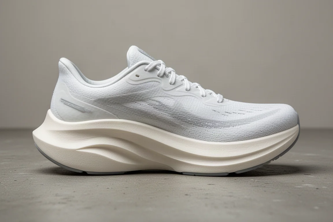 Side profile of a thick cushioned midsole with a visible rocker shape
