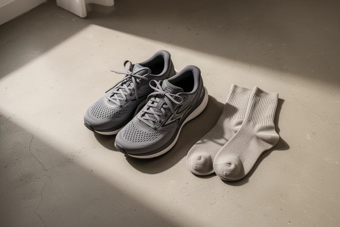 Runner's feet in socks stepping into stability shoes beside a window