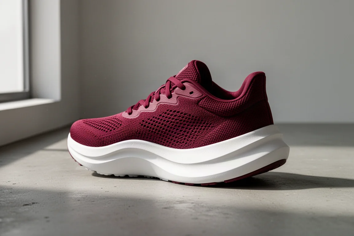 New Balance Fresh Foam Balos running shoe with thick white midsole and crimson upper on concrete