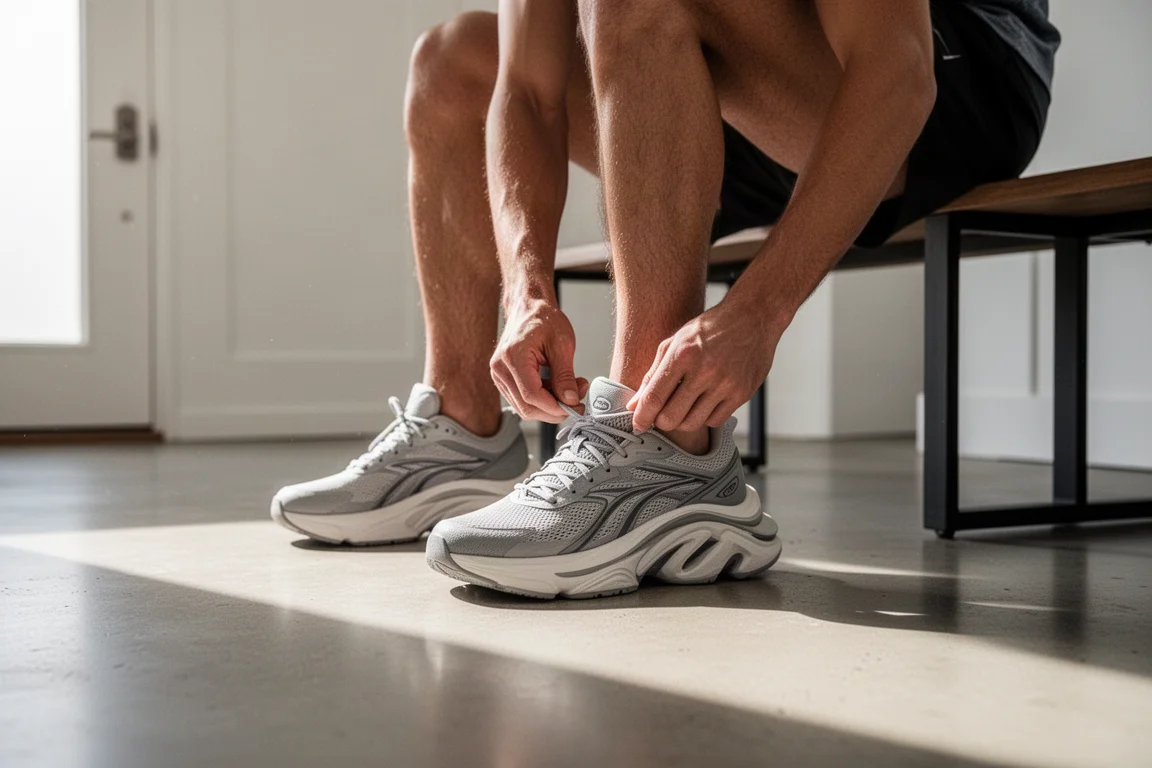 Runner che allaccia scarpe da corsa ammortizzate a stack alto su un pavimento di cemento