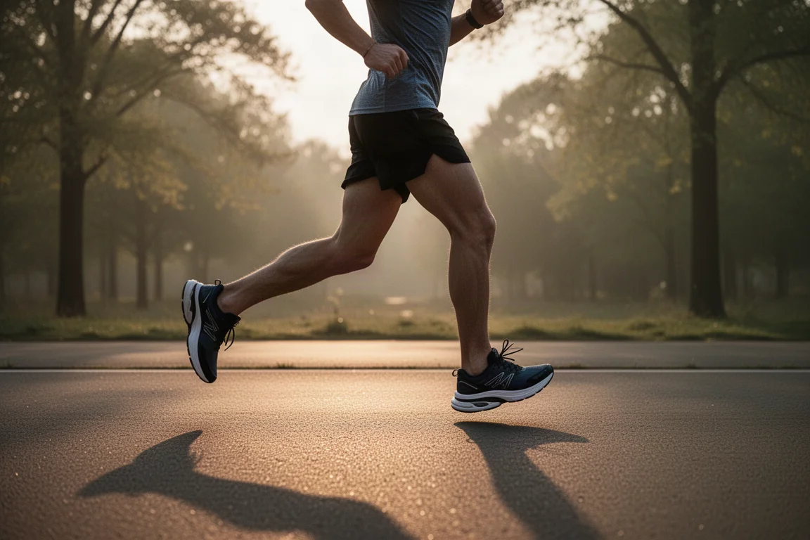 Runner su un sentiero asfaltato tranquillo all'alba che corre con falcata leggera
