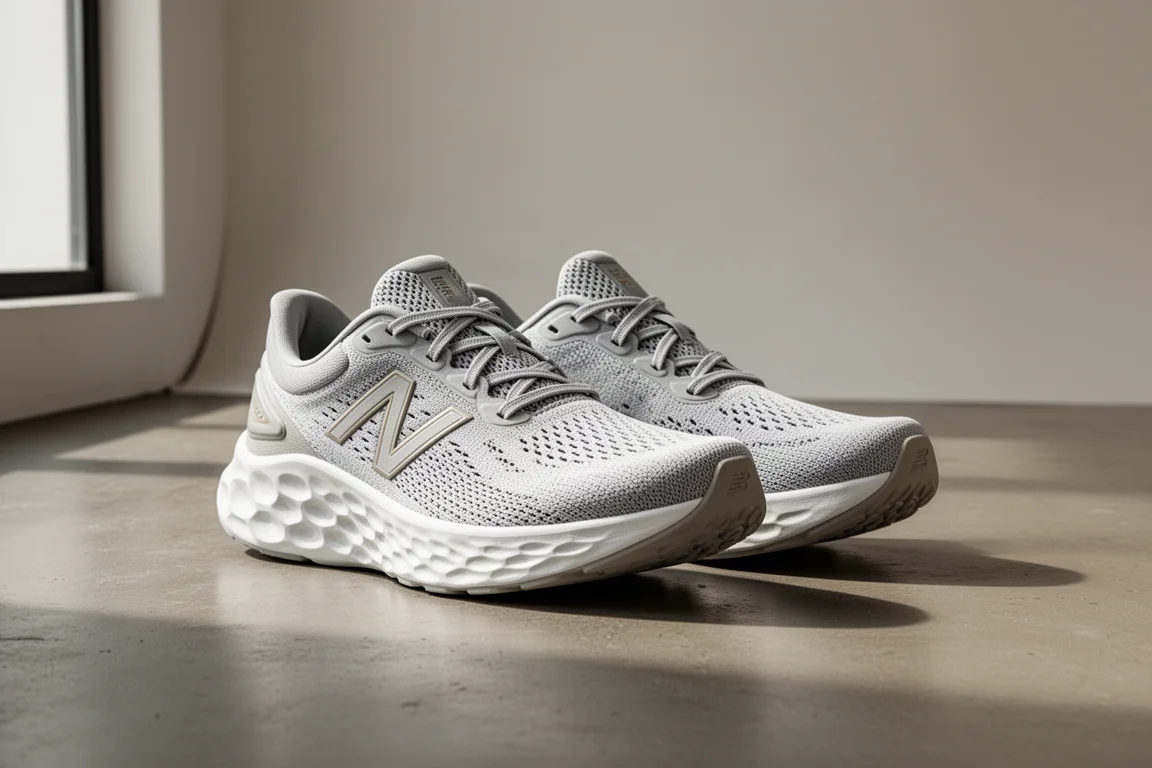 Pair of high-stack cushioned running shoes on a concrete studio floor