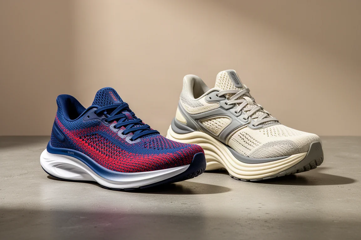New Balance BOS V1 and More v5 running shoes side by side on concrete
