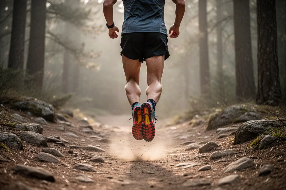 Trail runner on a rocky dirt path in soft forest light