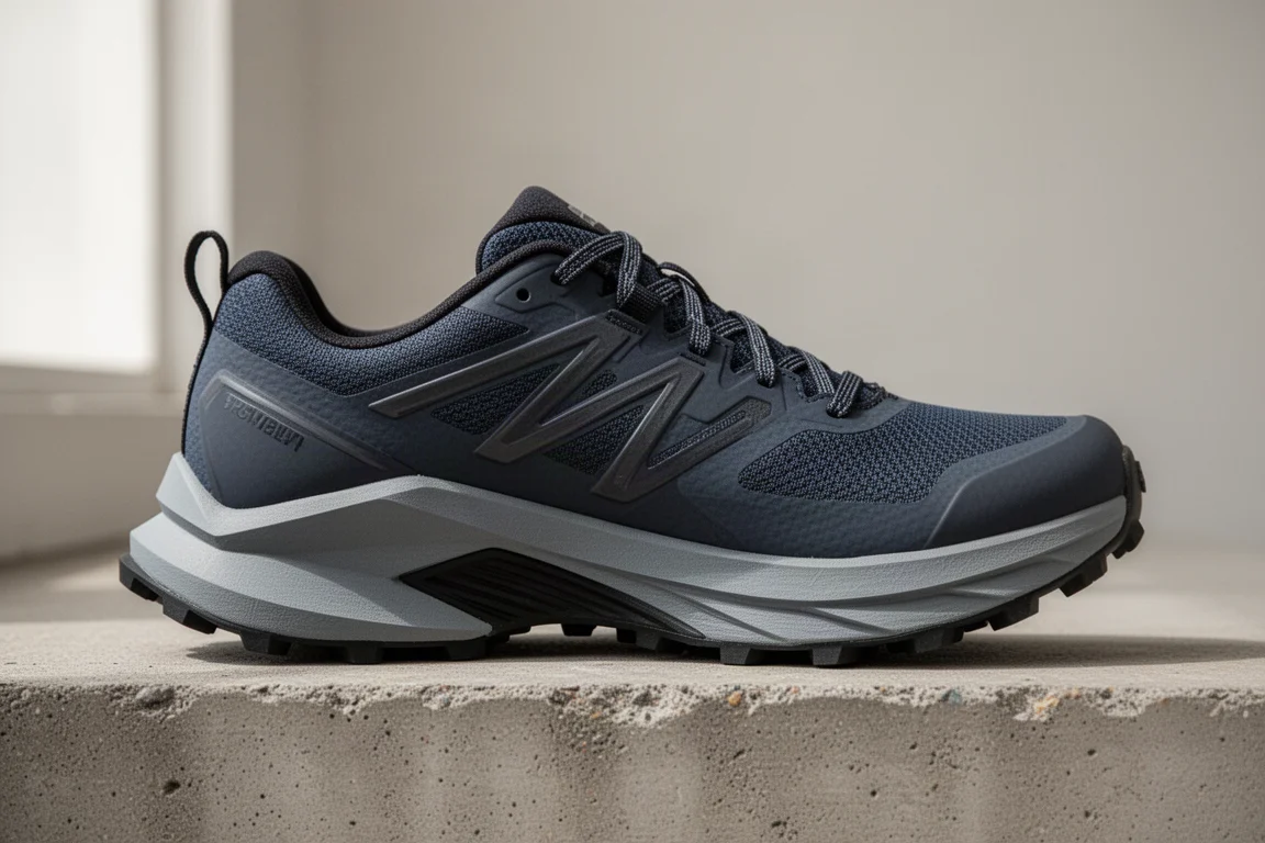 Close-up of a thick rockered trail shoe midsole showing toe spring