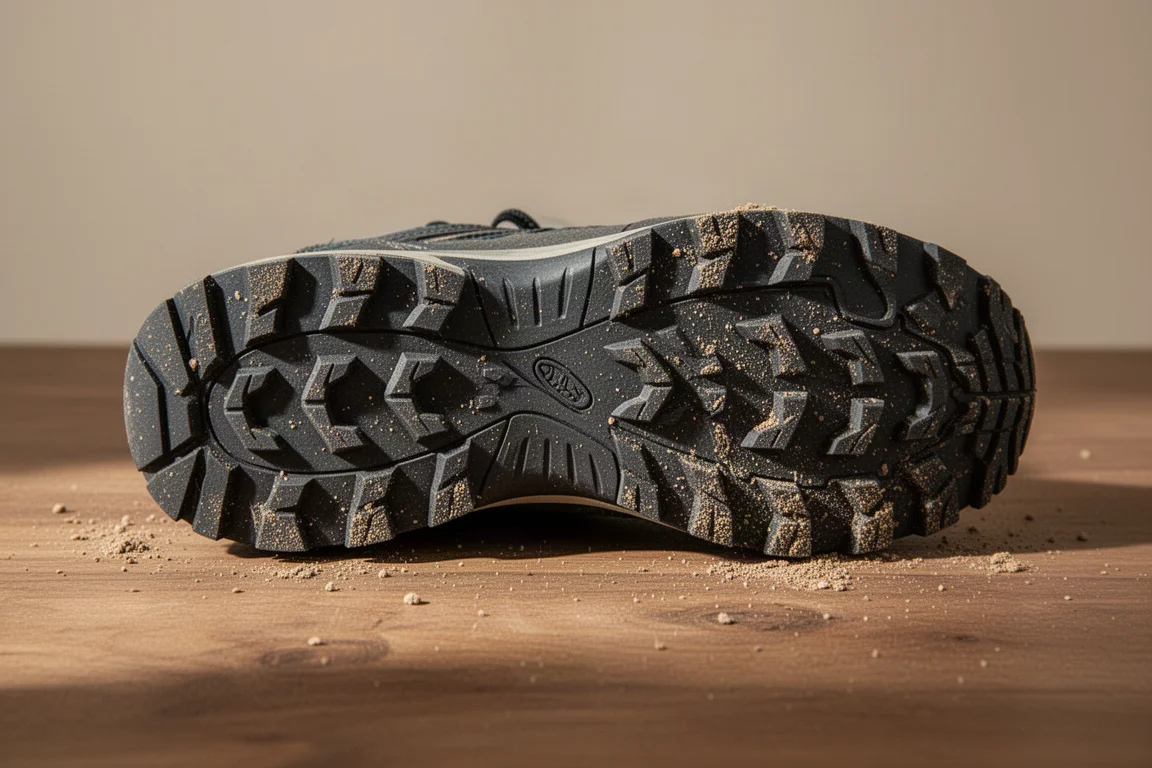 Lugged Vibram-style outsole with dirt on a wooden surface