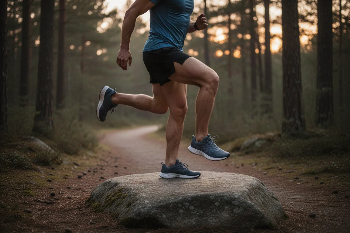 Runner strengthening hips on a trailside rock at dusk
