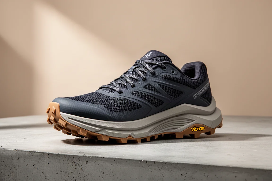 Maximal-stack New Balance trail running shoe on a concrete surface