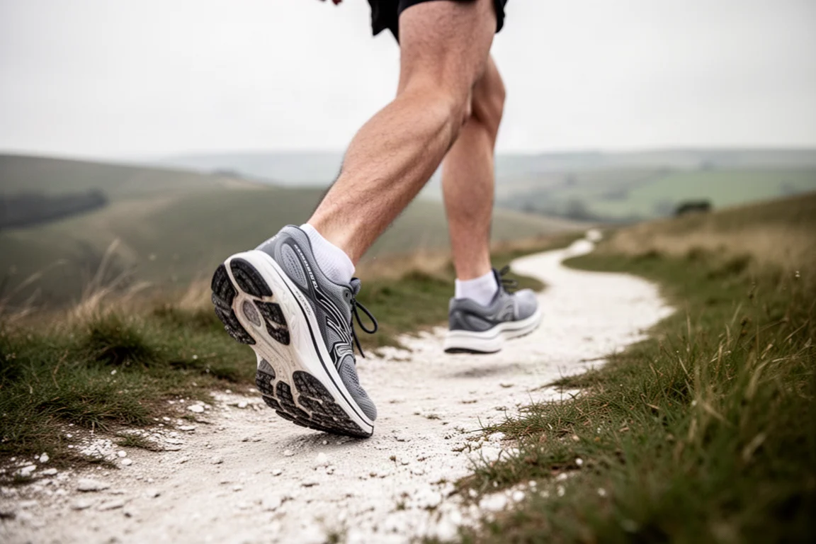 I piedi di un runner con scarpe da strada ammortizzate su un sentiero di campagna ondulato