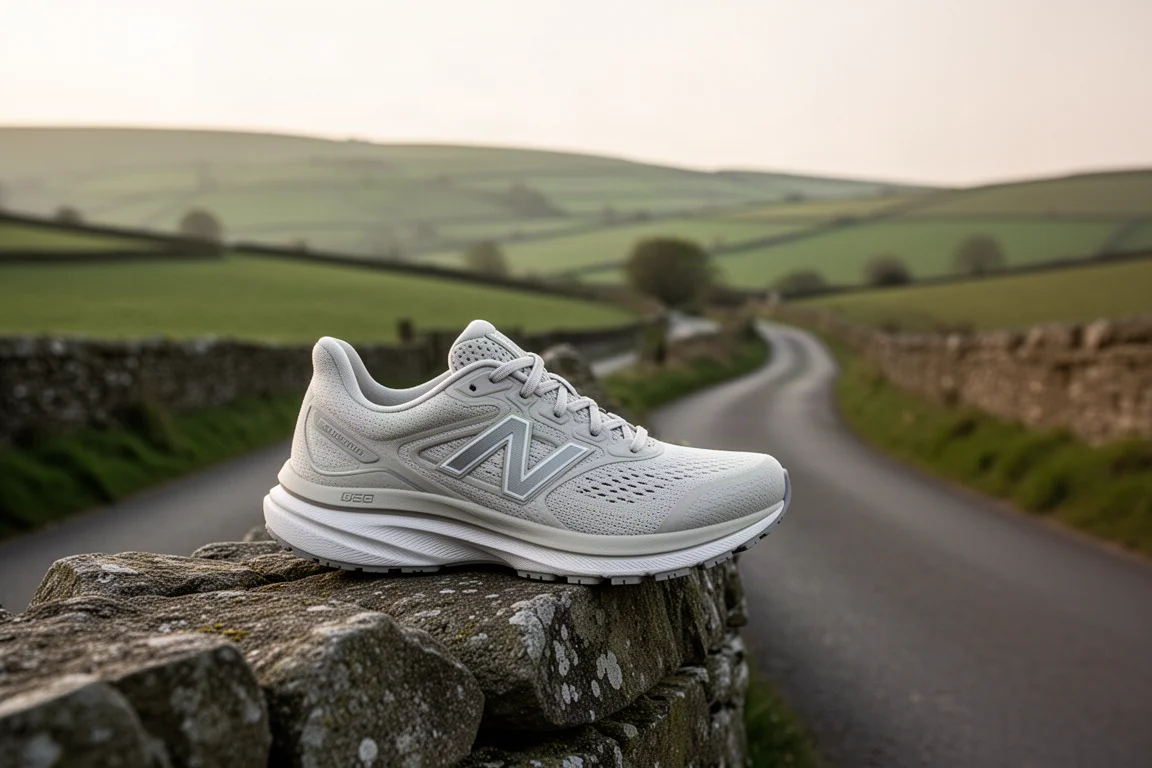 Scarpa da running ammortizzata appoggiata accanto a una tranquilla strada di campagna