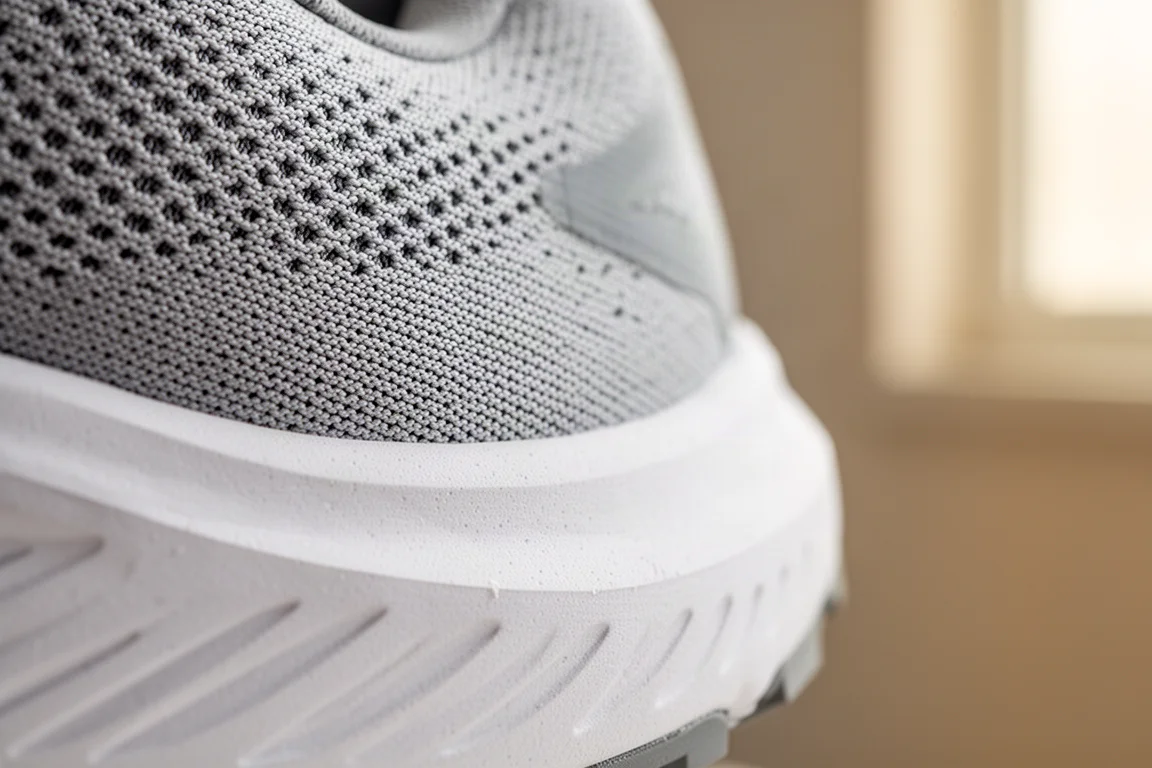 Close-up of a thick sculpted foam midsole showing sidewall shaping