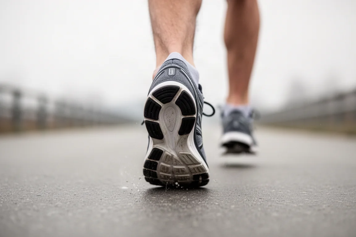Runner tying the laces of a cushioned running shoe on a city curb