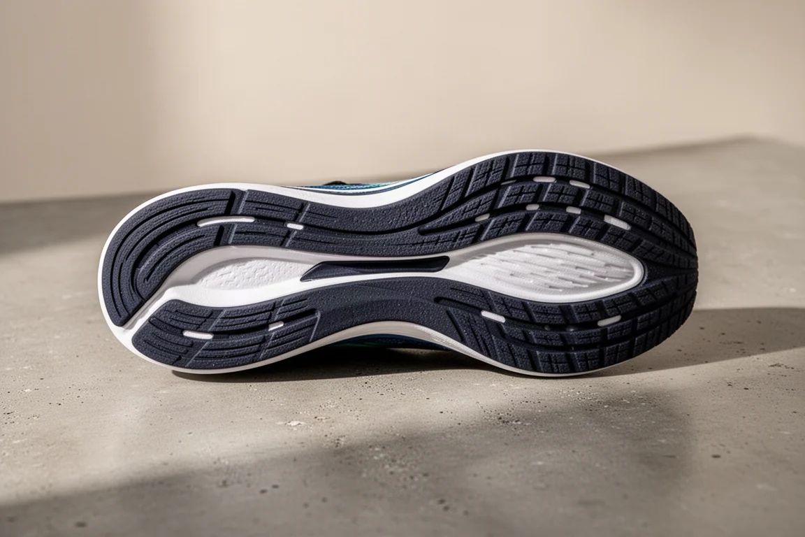 Outsole of a running shoe showing light wear after many miles