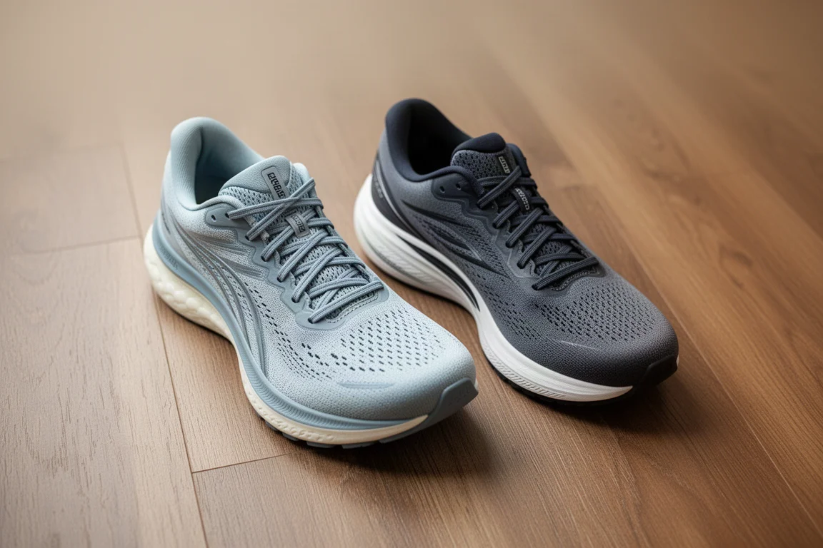 木製フロアに並べて置かれた2足のランニングシューズ