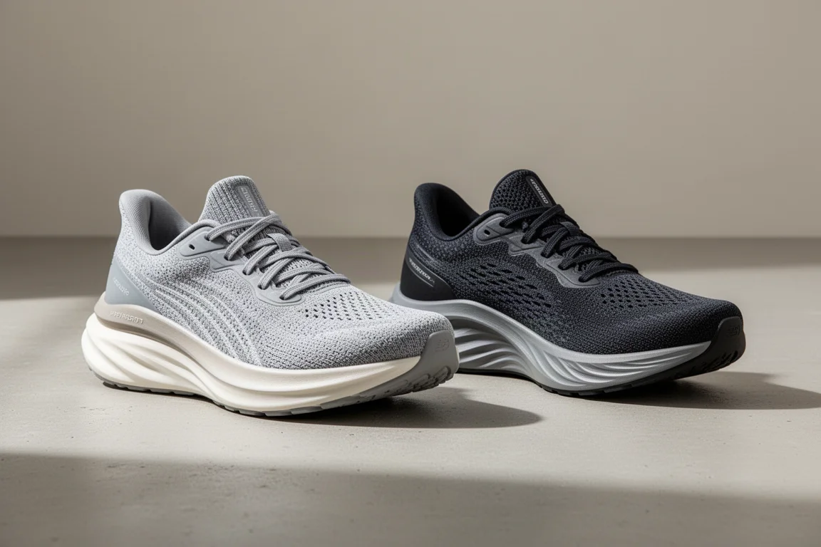 New Balance Fresh Foam More v4 and Saucony Endorphin Shift 3 side by side on concrete